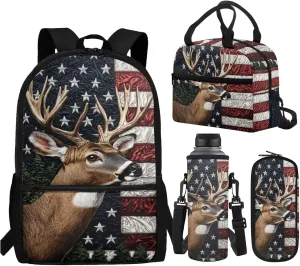 WELLFLYHOM Deer 4Pcs School Backpack for Boys 6-8 Bookbag Kids Schoolbag with Lunchbox Pencil Case Water Bottle Sleeve American Flag Boys School Back Pack