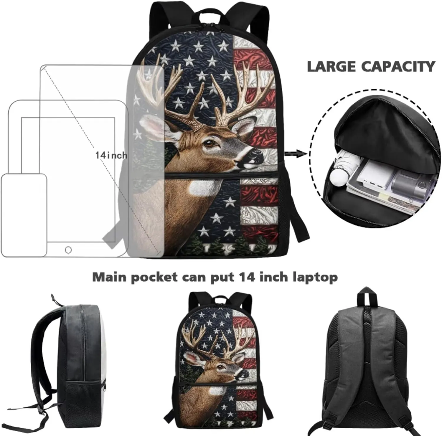 WELLFLYHOM Deer 4Pcs School Backpack for Boys 6-8 Bookbag Kids Schoolbag with Lunchbox Pencil Case Water Bottle Sleeve American Flag Boys School Back Pack