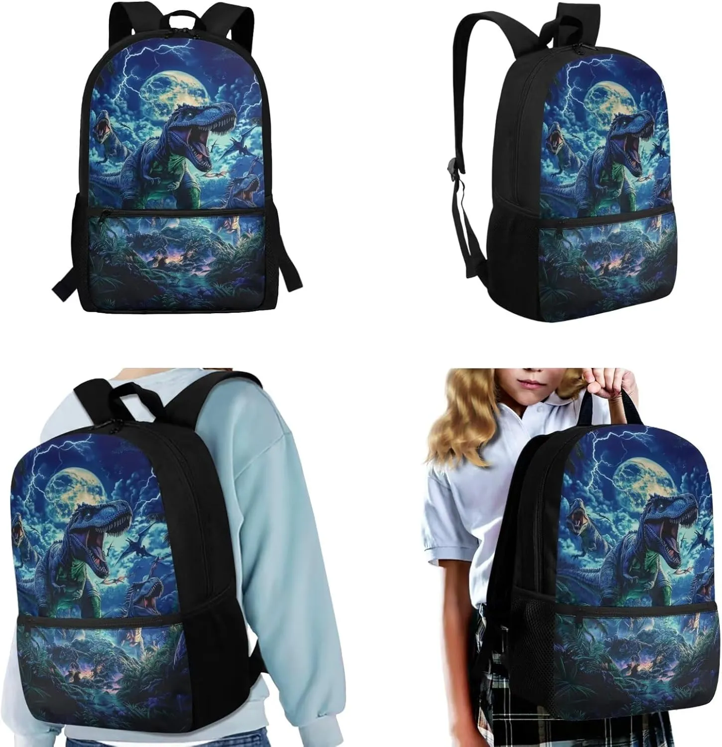 WELLFLYHOM Dinosaur Moon Backpack for School Kids Boys 1st Grade/ 2nd Grade/ 3rd Grade Forest 17 Inch Book Bag with Insulated Lunch Bag Cute Pencil Case Adjustable Strap Water Bottle