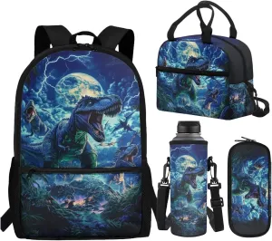 WELLFLYHOM Dinosaur Moon Backpack for School Kids Boys 1st Grade/ 2nd Grade/ 3rd Grade Forest 17 Inch Book Bag with Insulated Lunch Bag Cute Pencil Case Adjustable Strap Water Bottle