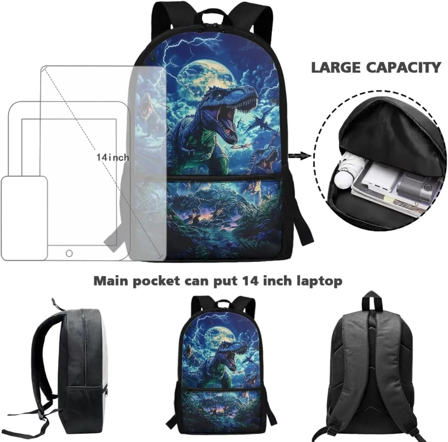 WELLFLYHOM Dinosaur Moon Backpack for School Kids Boys 1st Grade/ 2nd Grade/ 3rd Grade Forest 17 Inch Book Bag with Insulated Lunch Bag Cute Pencil Case Adjustable Strap Water Bottle