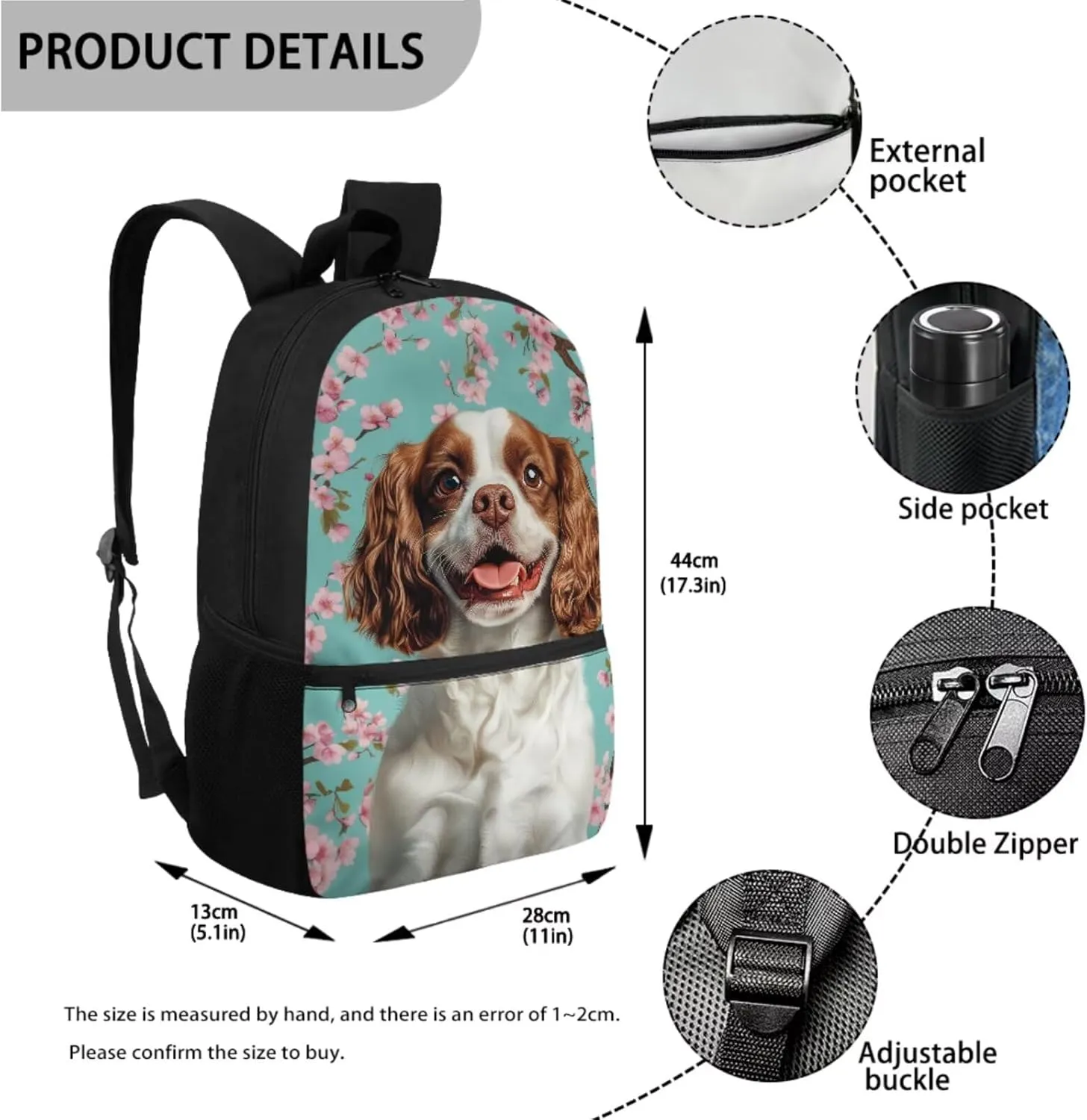 WELLFLYHOM Dog 17 Inch School Backpack for Kids 5-6 Girls Cavalier King Charles Spaniel Book Bag with Lunch Box Pencil Case Water Bottle Case Cherry Blossom Back to School Supplies