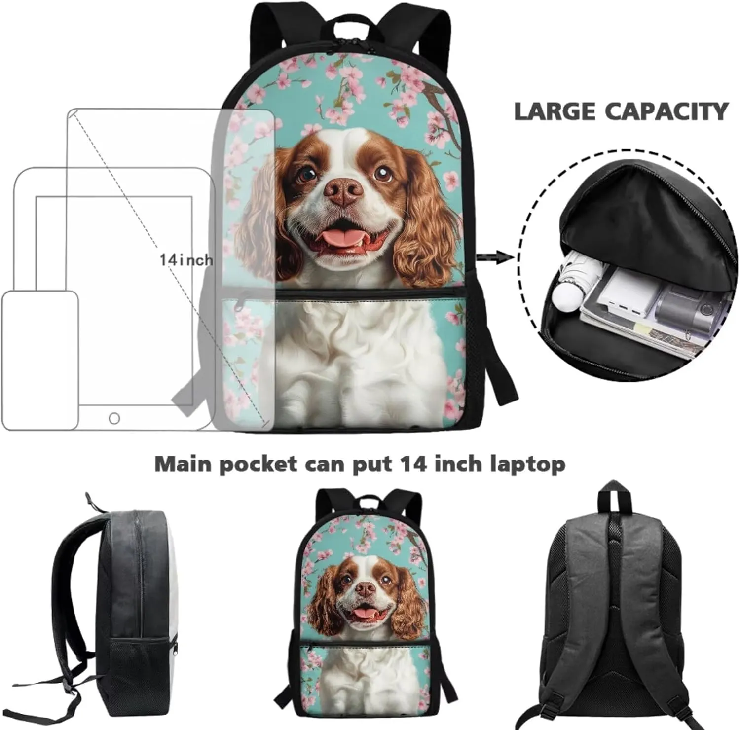 WELLFLYHOM Dog 17 Inch School Backpack for Kids 5-6 Girls Cavalier King Charles Spaniel Book Bag with Lunch Box Pencil Case Water Bottle Case Cherry Blossom Back to School Supplies