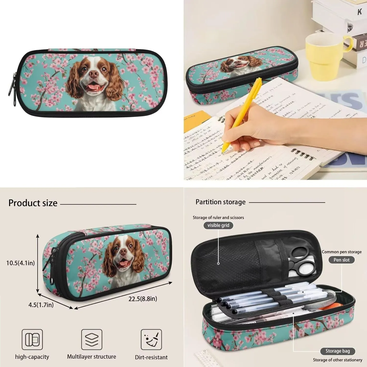 WELLFLYHOM Dog 17 Inch School Backpack for Kids 5-6 Girls Cavalier King Charles Spaniel Book Bag with Lunch Box Pencil Case Water Bottle Case Cherry Blossom Back to School Supplies