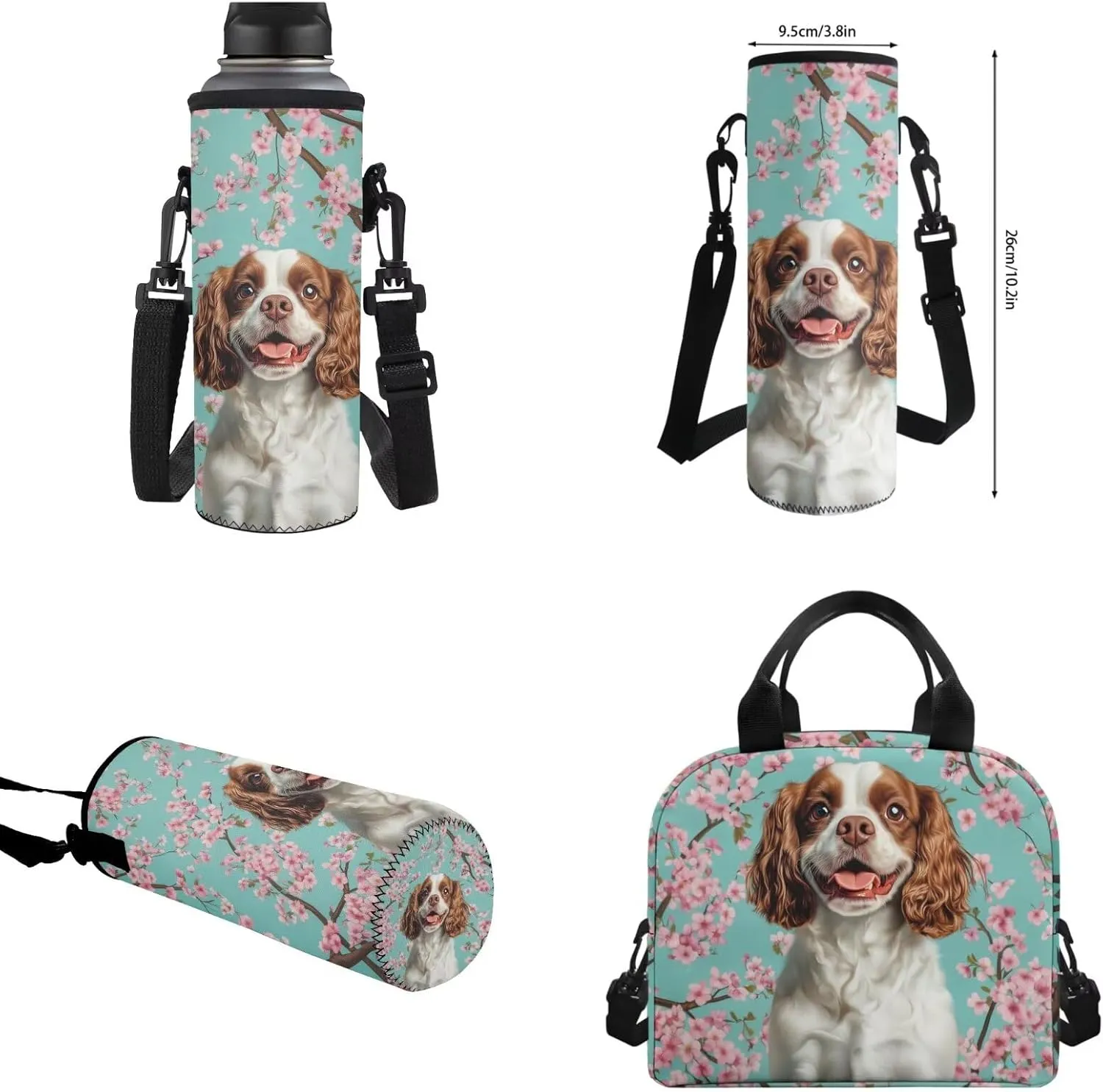 WELLFLYHOM Dog 17 Inch School Backpack for Kids 5-6 Girls Cavalier King Charles Spaniel Book Bag with Lunch Box Pencil Case Water Bottle Case Cherry Blossom Back to School Supplies