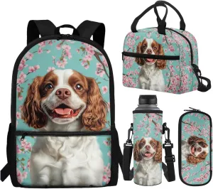 WELLFLYHOM Dog 17 Inch School Backpack for Kids 5-6 Girls Cavalier King Charles Spaniel Book Bag with Lunch Box Pencil Case Water Bottle Case Cherry Blossom Back to School Supplies