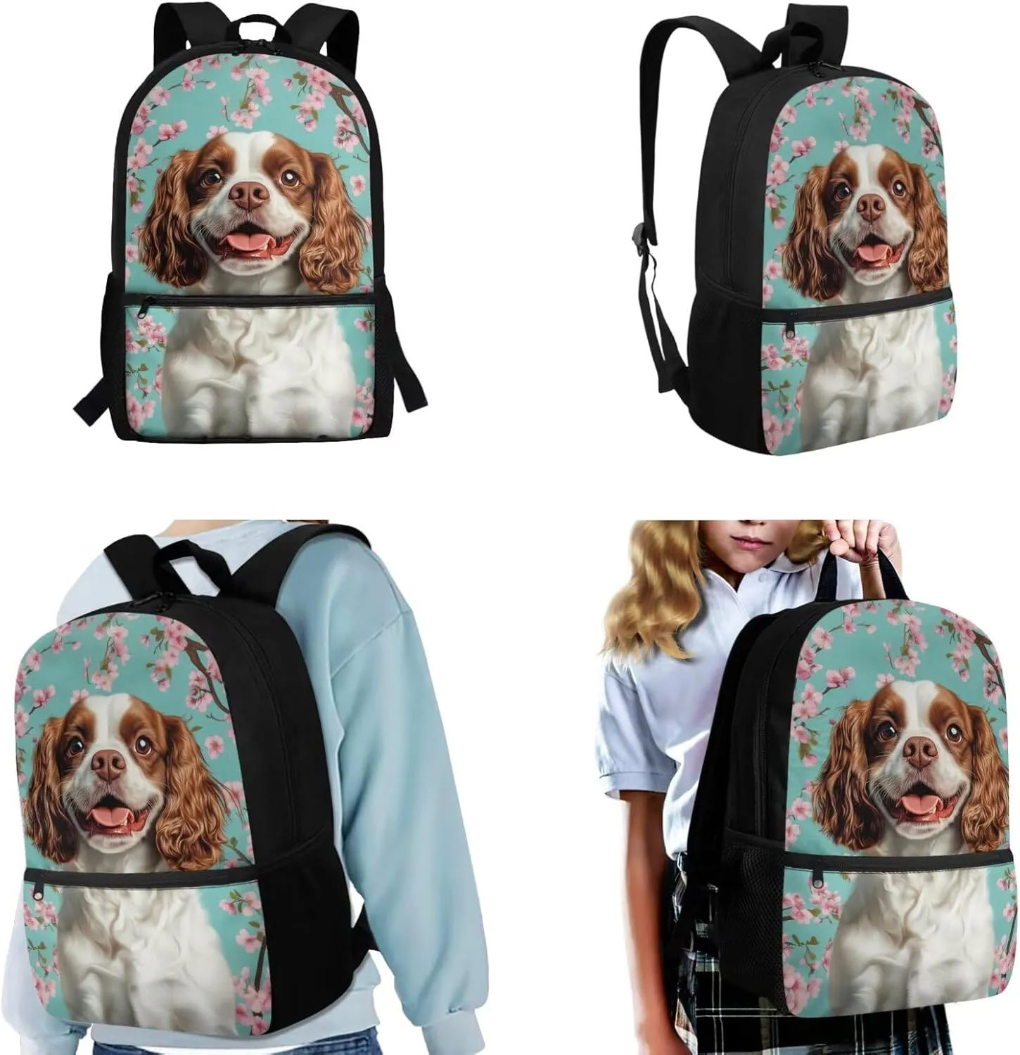 WELLFLYHOM Dog 17 Inch School Backpack for Kids 5-6 Girls Cavalier King Charles Spaniel Book Bag with Lunch Box Pencil Case Water Bottle Case Cherry Blossom Back to School Supplies