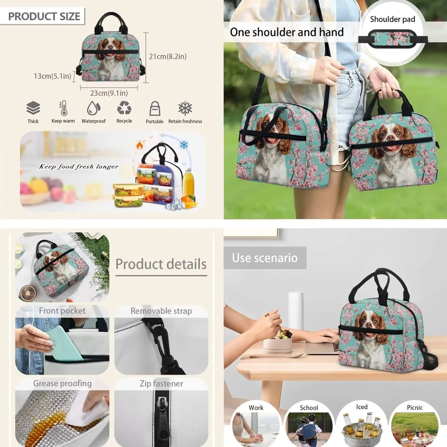WELLFLYHOM Dog 17 Inch School Backpack for Kids 5-6 Girls Cavalier King Charles Spaniel Book Bag with Lunch Box Pencil Case Water Bottle Case Cherry Blossom Back to School Supplies