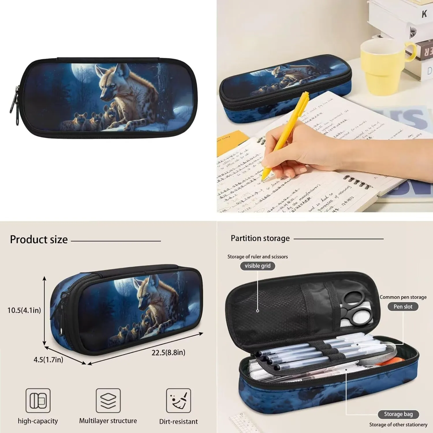 WELLFLYHOM Hyena Family Boys Backpack Set 6-8 Kids School Book Bag Lunch Box Three Layer Pencil Case Water Bottle Sleeve Moon Elementary Daycare Bag for School Back to School Gift