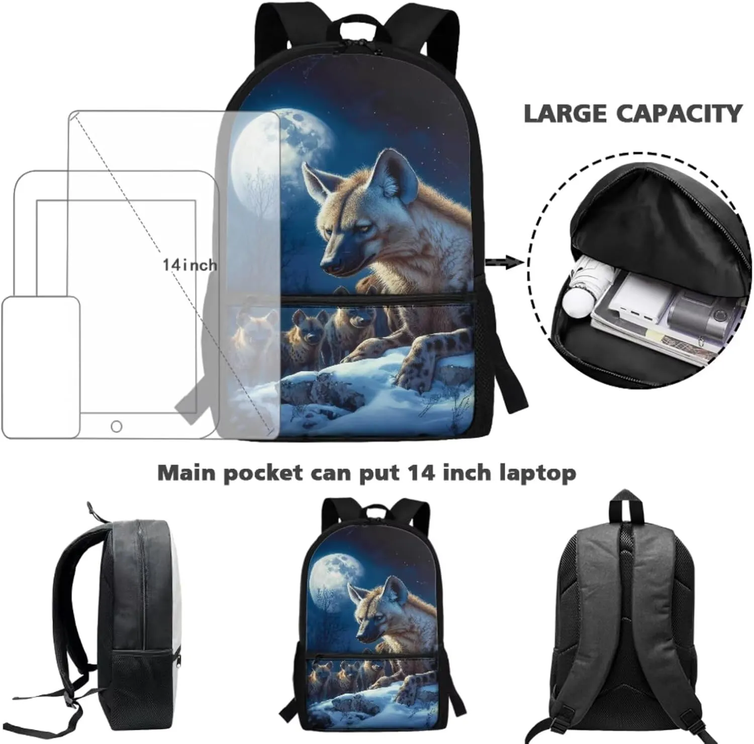 WELLFLYHOM Hyena Family Boys Backpack Set 6-8 Kids School Book Bag Lunch Box Three Layer Pencil Case Water Bottle Sleeve Moon Elementary Daycare Bag for School Back to School Gift