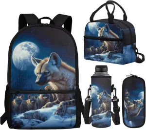 WELLFLYHOM Hyena Family Boys Backpack Set 6-8 Kids School Book Bag Lunch Box Three Layer Pencil Case Water Bottle Sleeve Moon Elementary Daycare Bag for School Back to School Gift