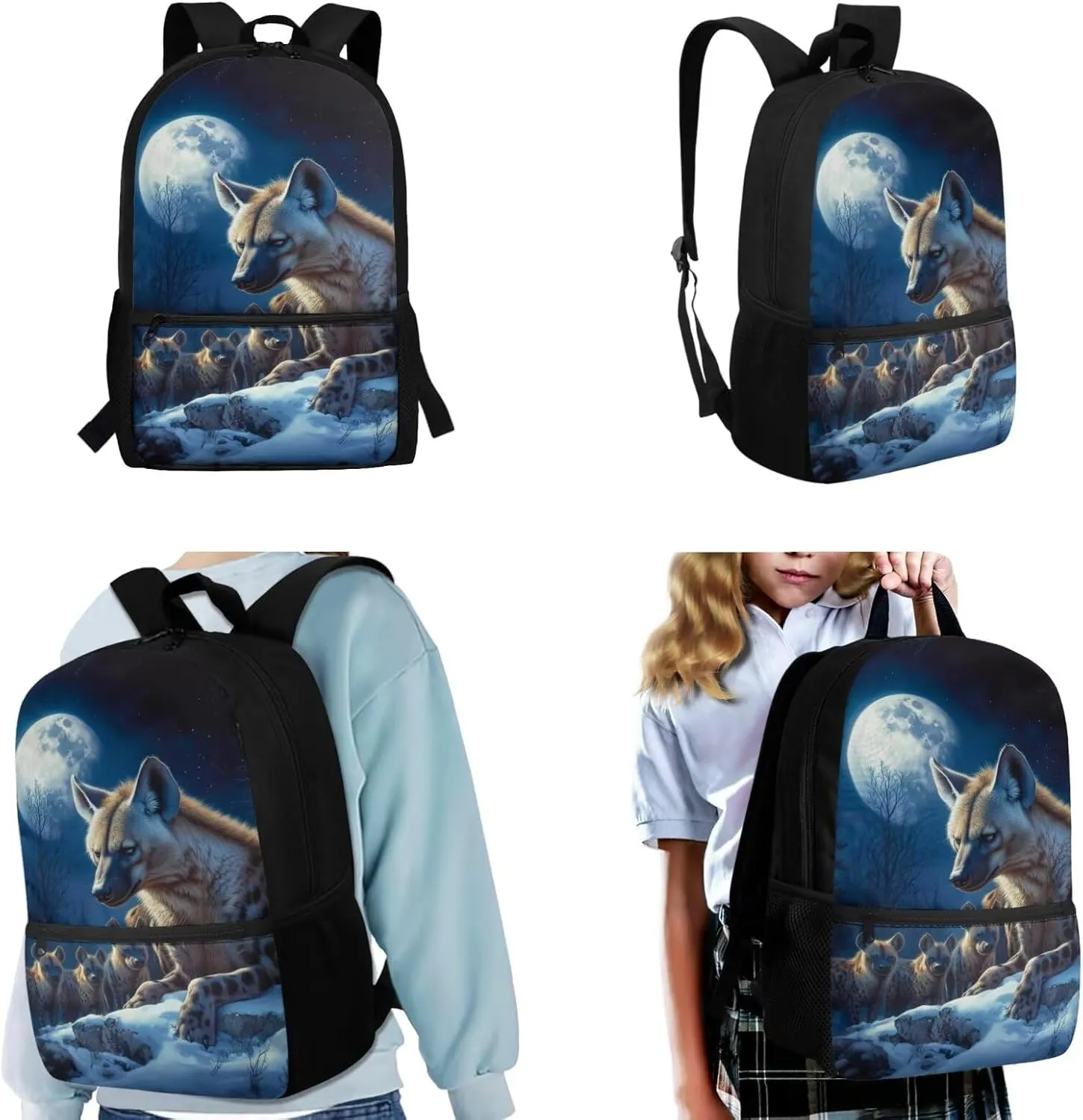 WELLFLYHOM Hyena Family Boys Backpack Set 6-8 Kids School Book Bag Lunch Box Three Layer Pencil Case Water Bottle Sleeve Moon Elementary Daycare Bag for School Back to School Gift