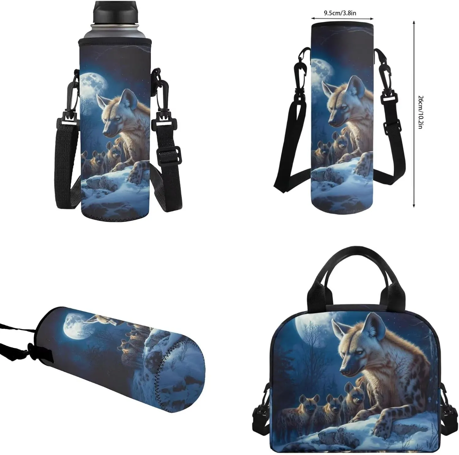 WELLFLYHOM Hyena Family Boys Backpack Set 6-8 Kids School Book Bag Lunch Box Three Layer Pencil Case Water Bottle Sleeve Moon Elementary Daycare Bag for School Back to School Gift