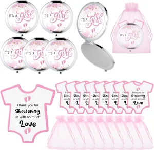 Wesiti 24 Sets Baby Shower Favors for Adults 2.76'' Compact Mirrors Bulk with Thank You Cards Organza Bags Pocket Makeup Mirrors for Bridal Wedding Gender Reveal Party Gifts