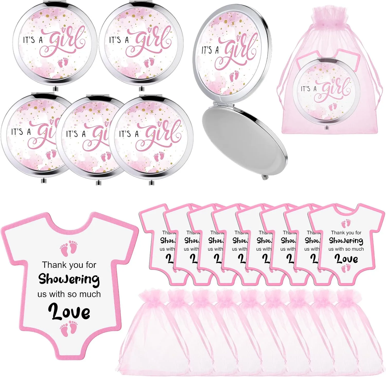 Wesiti 24 Sets Baby Shower Favors for Adults 2.76'' Compact Mirrors Bulk with Thank You Cards Organza Bags Pocket Makeup Mirrors for Bridal Wedding Gender Reveal Party Gifts