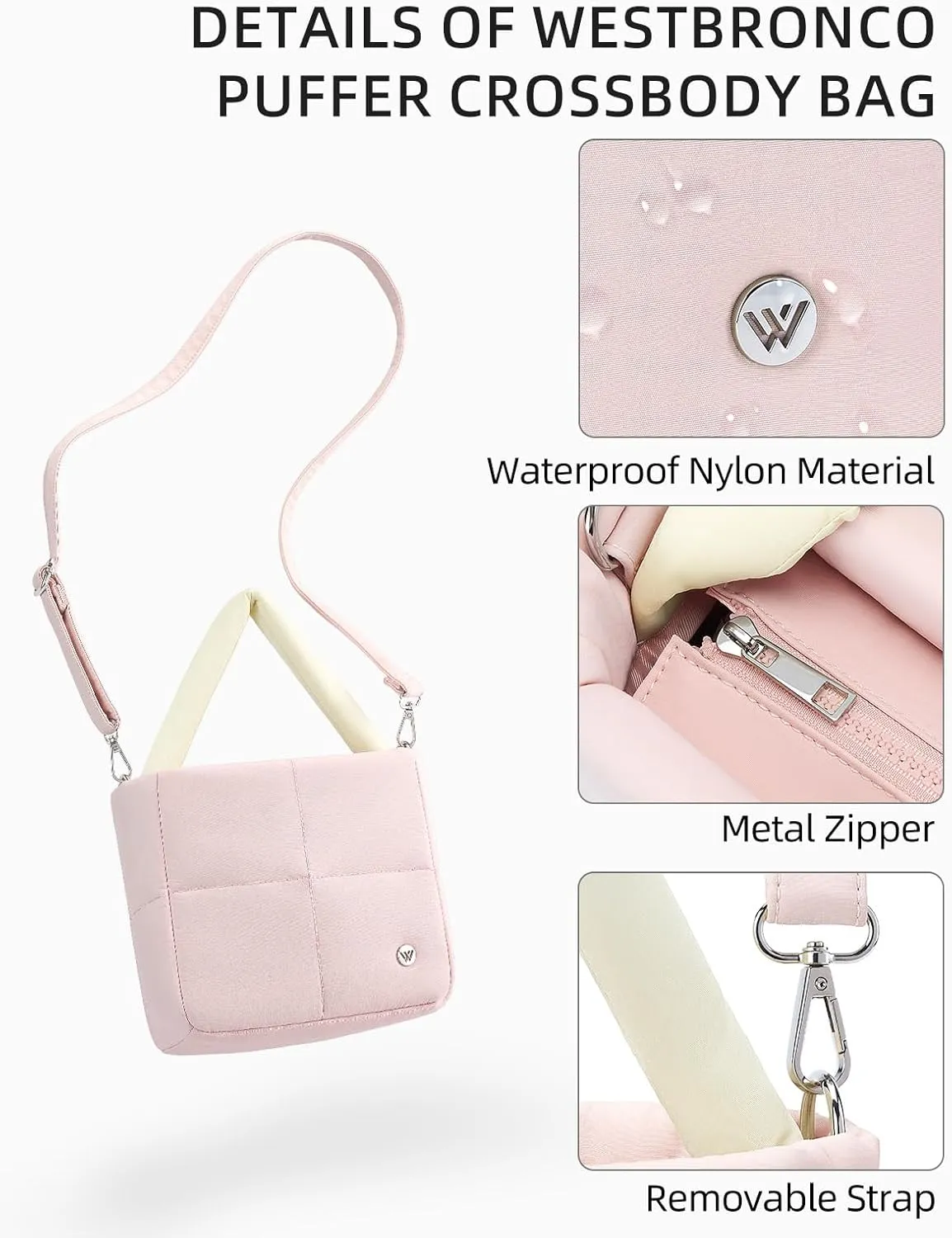 WESTBRONCO Puffer Crossbody Bags for Women, Nylon Quilted Shoulder Purse Designer Handbags with Adjustable & Detachable Strap