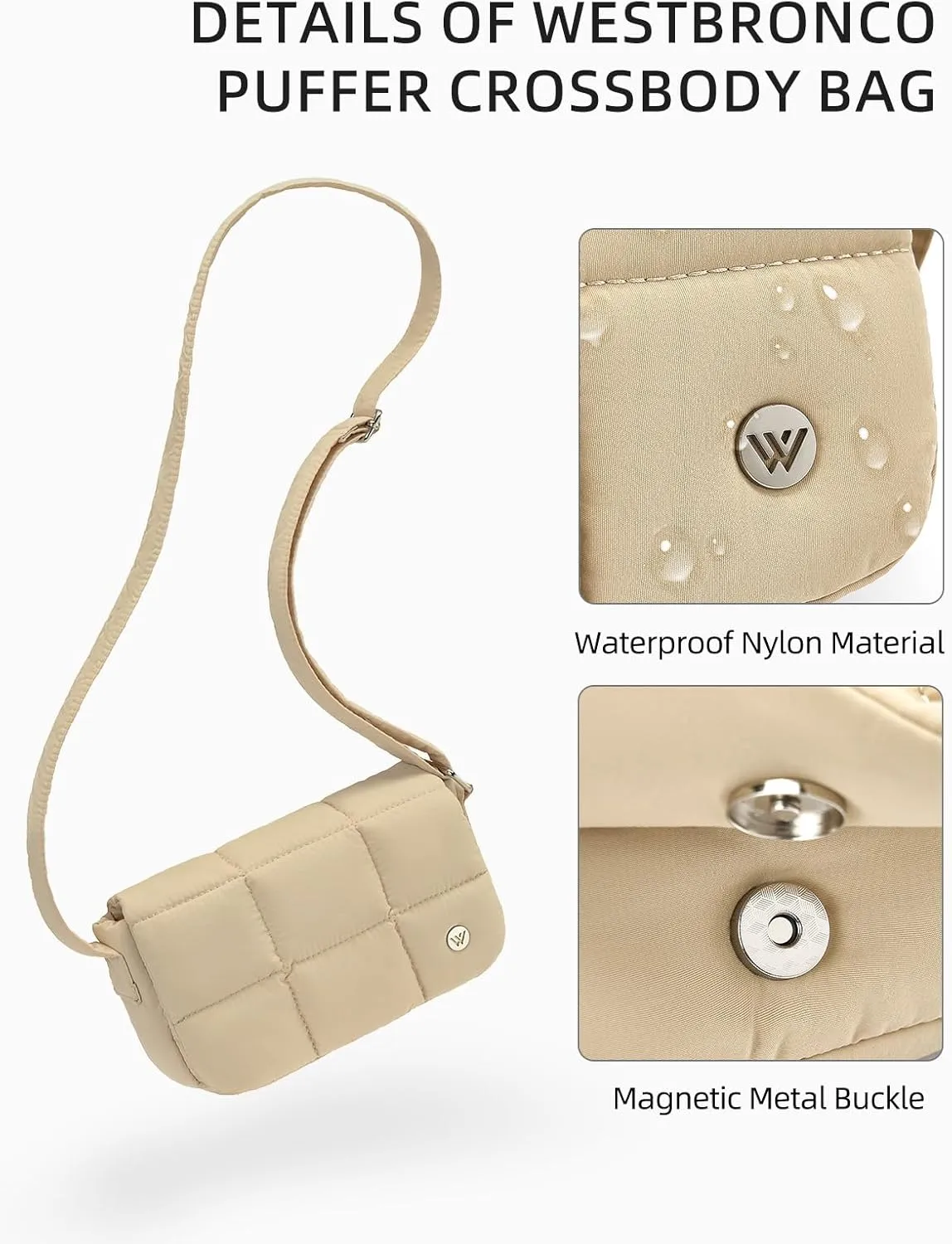 WESTBRONCO Small Puffer Crossbody Bags for Women Nylon Shoulder Bag Quilted Crossbody Purse with Adjustable Strap