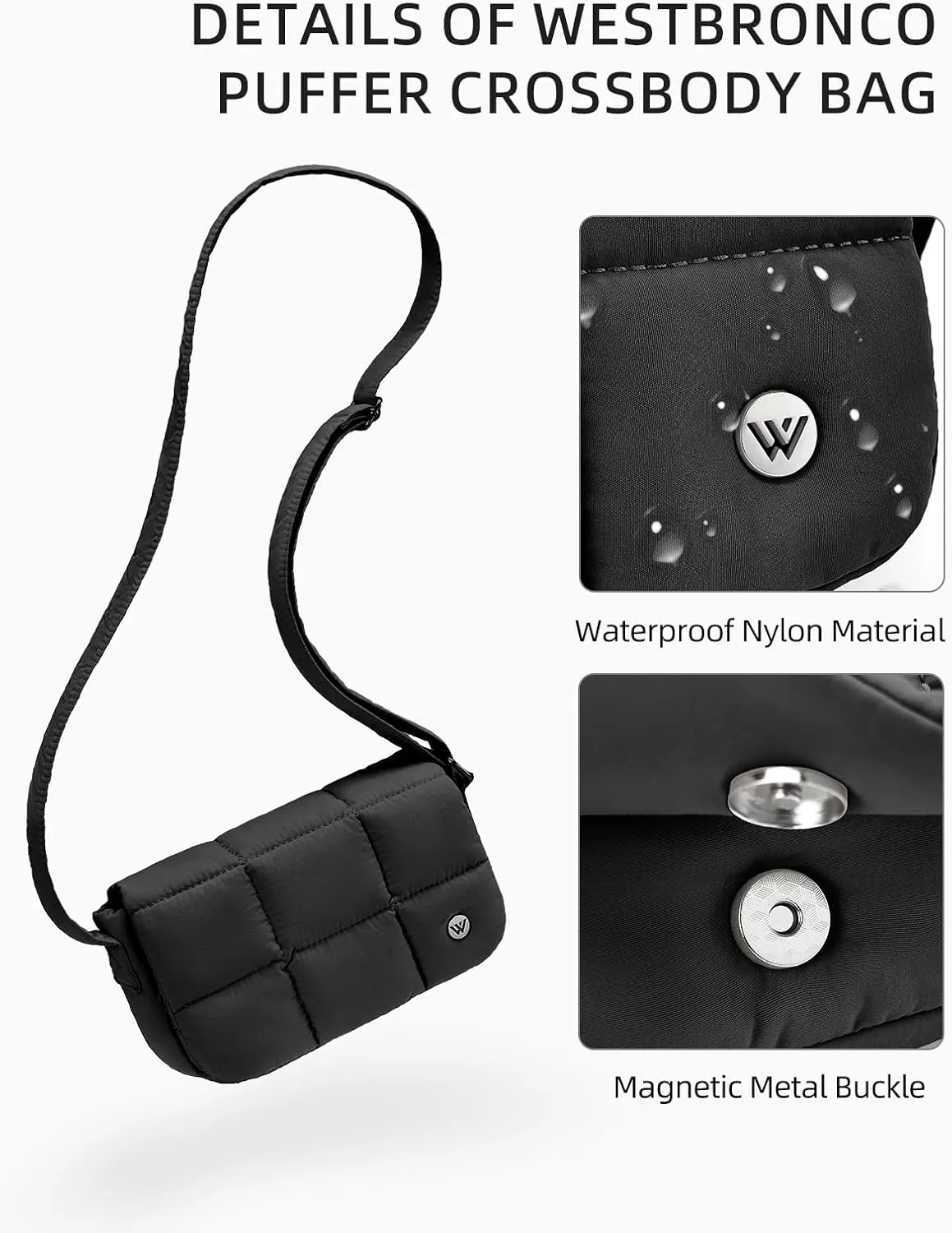 WESTBRONCO Small Puffer Crossbody Bags for Women Nylon Shoulder Bag Quilted Crossbody Purse with Adjustable Strap