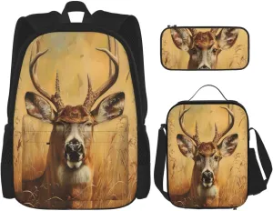 Wild Deer Print Pocket Backpack,Pencil Case And Lunch Bag Set For Men And Women,Large Capacity