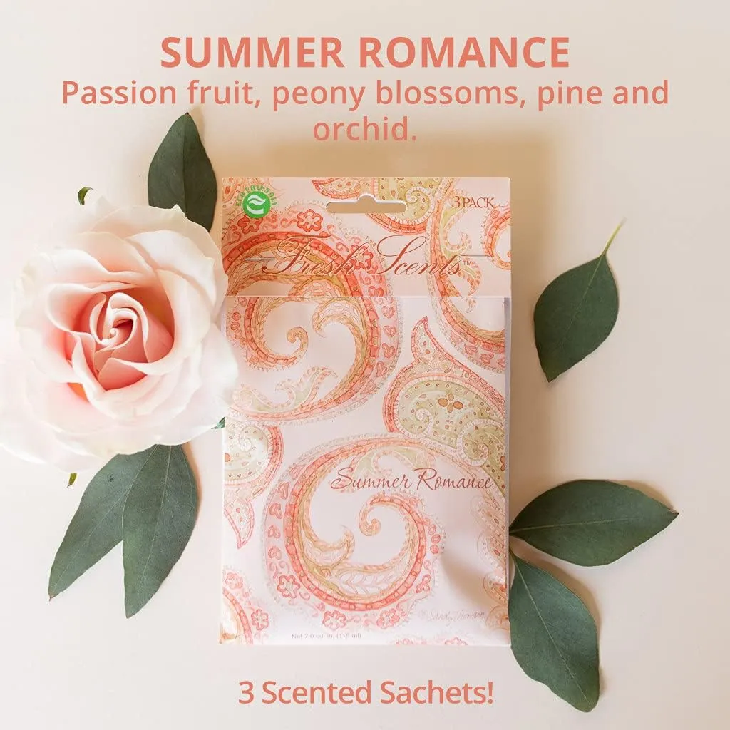 Willowbrook | Fresh Scents Scented Sachet Packet | Summer Romance | Air Freshener Bags for Drawers, Closets, Cars | 3 Pack | Long Lasting Home Fragrance
