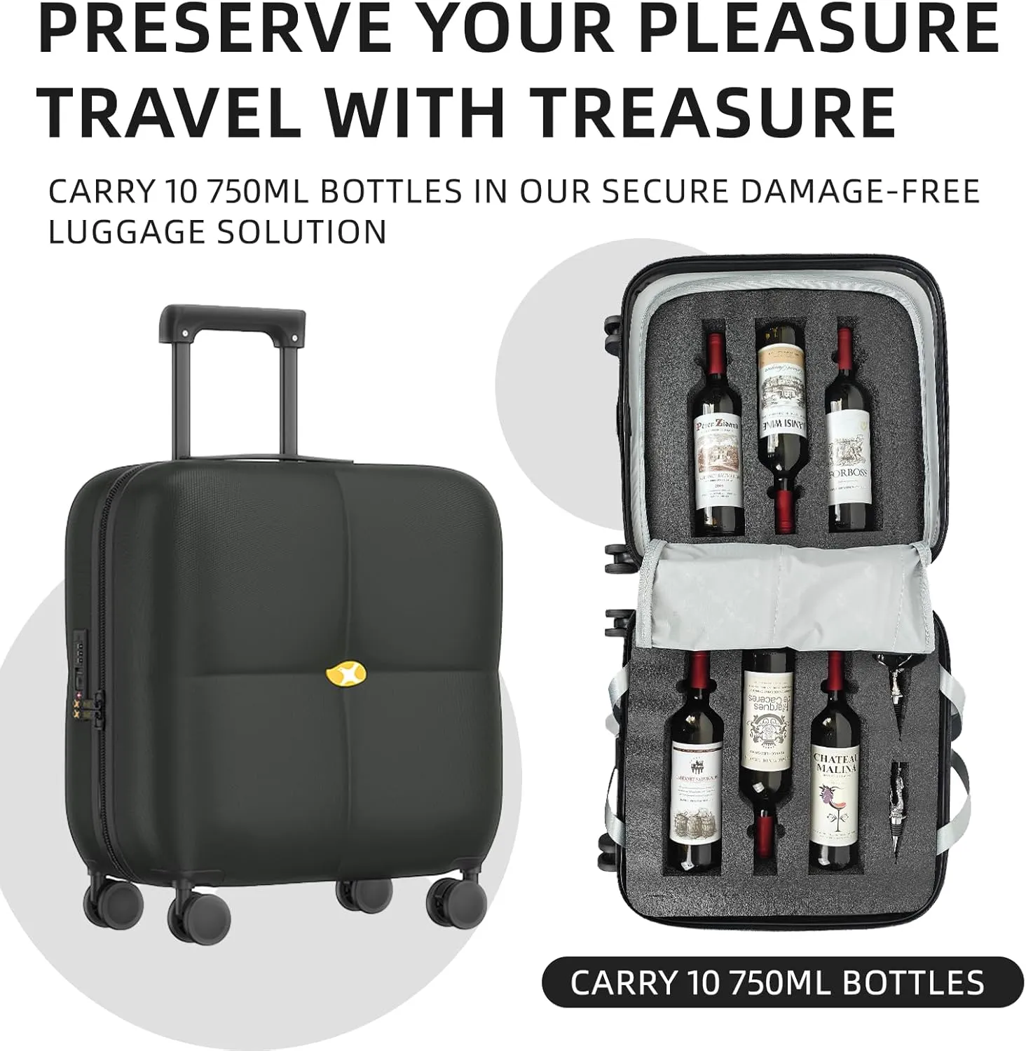 Wine Suitcase - 6 Bottle Travel Case with TSA Lock, Removable Inserts and Silent Spinner Wheels