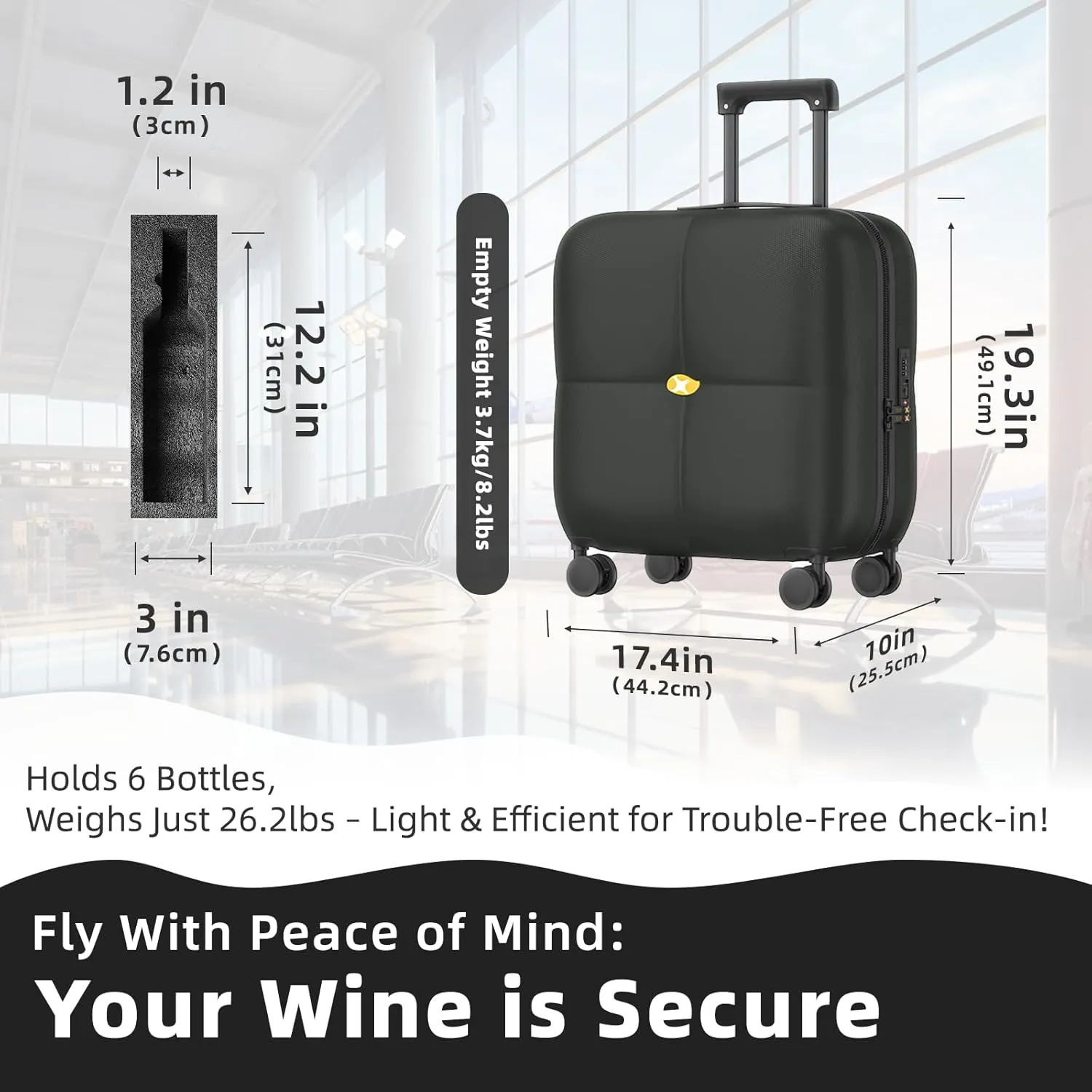 Wine Suitcase - 6 Bottle Travel Case with TSA Lock, Removable Inserts and Silent Spinner Wheels