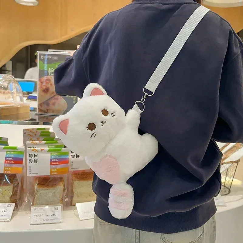 Winter Cute Soft Plush Cartoon Cat Crossbody Bags for Girls Kawaii Personality Ladies Small Shoulder Bag Gift Bag for Children