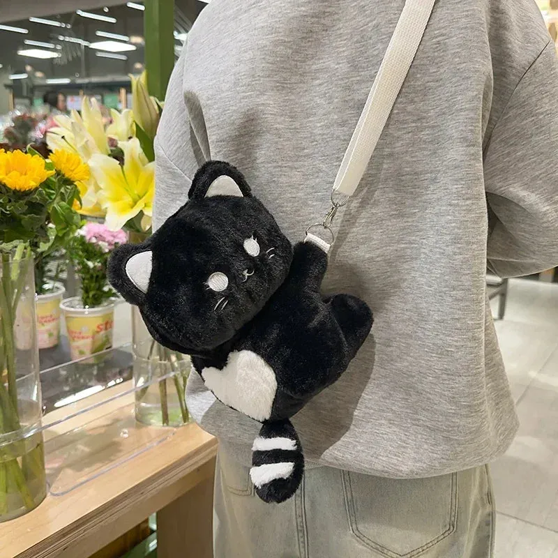 Winter Cute Soft Plush Cartoon Cat Crossbody Bags for Girls Kawaii Personality Ladies Small Shoulder Bag Gift Bag for Children