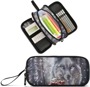 Wolf Large Capacity Pencil Case Pencil Pouch Office School Large Storage Pen Bag 3 Compartment pencil box for Adults School Teen Girl Boy Men Women