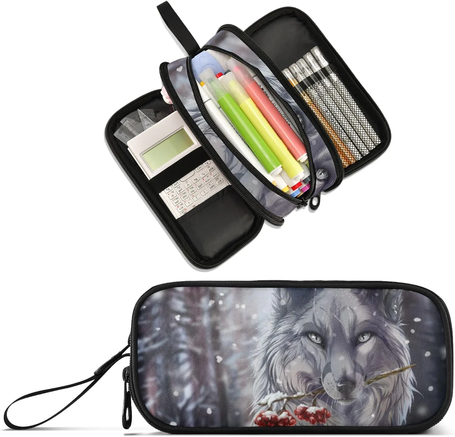 Wolf Large Capacity Pencil Case Pencil Pouch Office School Large Storage Pen Bag 3 Compartment pencil box for Adults School Teen Girl Boy Men Women