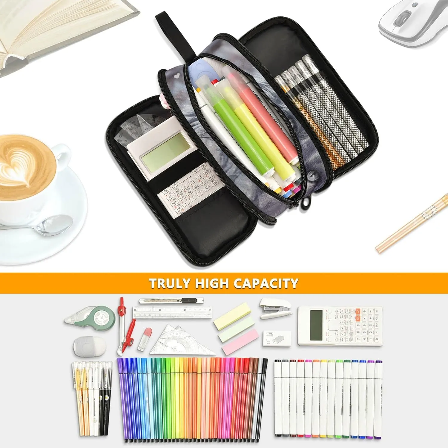 Wolf Large Capacity Pencil Case Pencil Pouch Office School Large Storage Pen Bag 3 Compartment pencil box for Adults School Teen Girl Boy Men Women