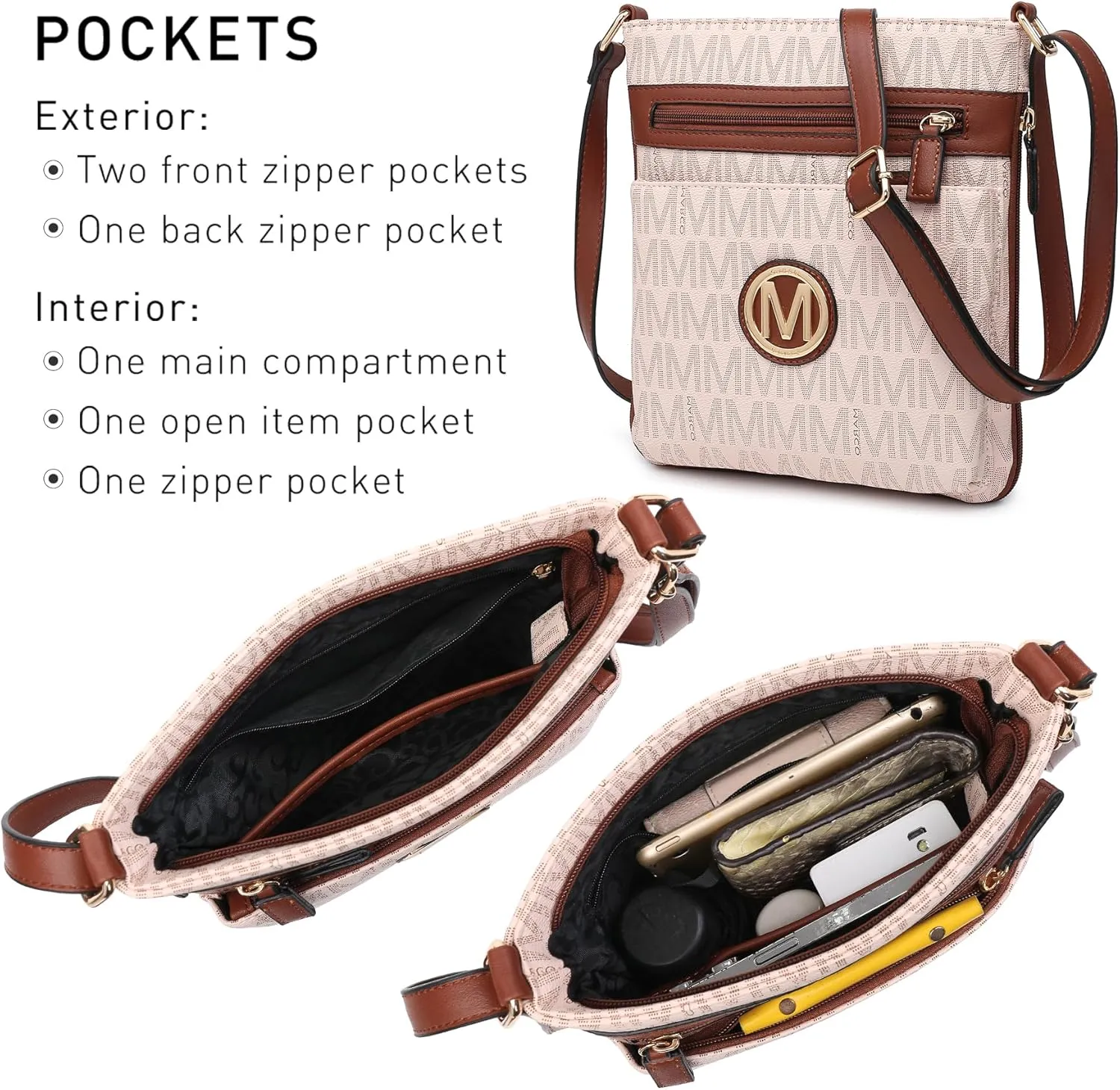 Women Crossbody Purses Multi Pockets Large Signature Monogram Zip Shoulder Bags Ladies PU Leather Handbag