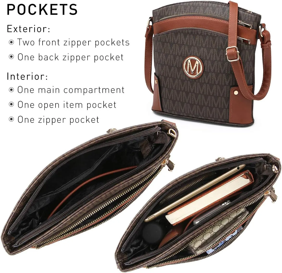 Women Crossbody Purses Multi Pockets Large Signature Monogram Zip Shoulder Bags Ladies PU Leather Handbag