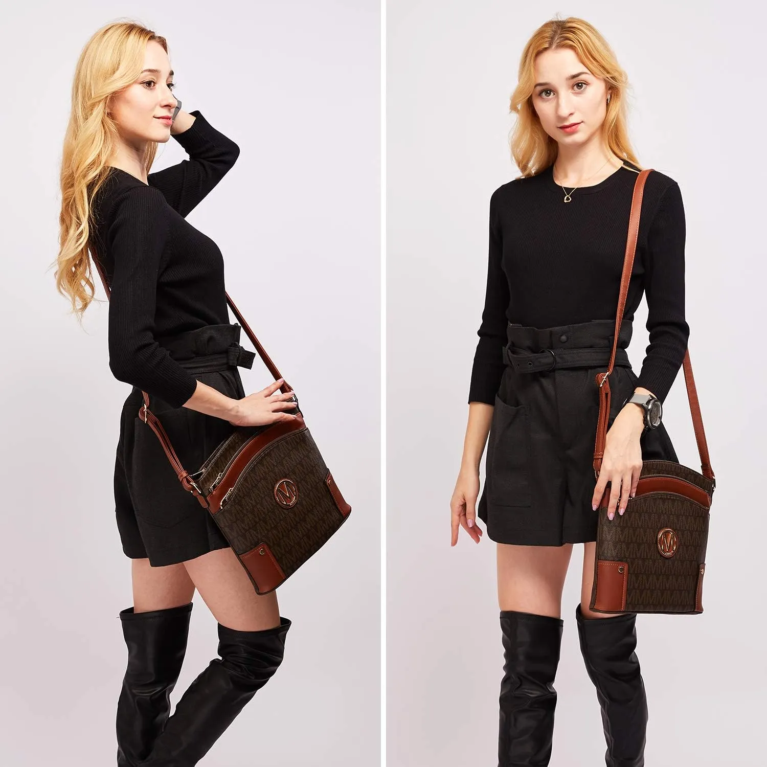 Women Crossbody Purses Multi Pockets Large Signature Monogram Zip Shoulder Bags Ladies PU Leather Handbag
