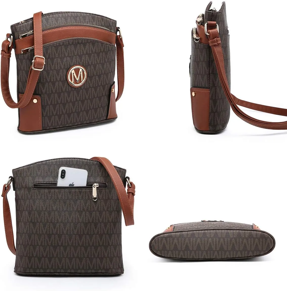 Women Crossbody Purses Multi Pockets Large Signature Monogram Zip Shoulder Bags Ladies PU Leather Handbag