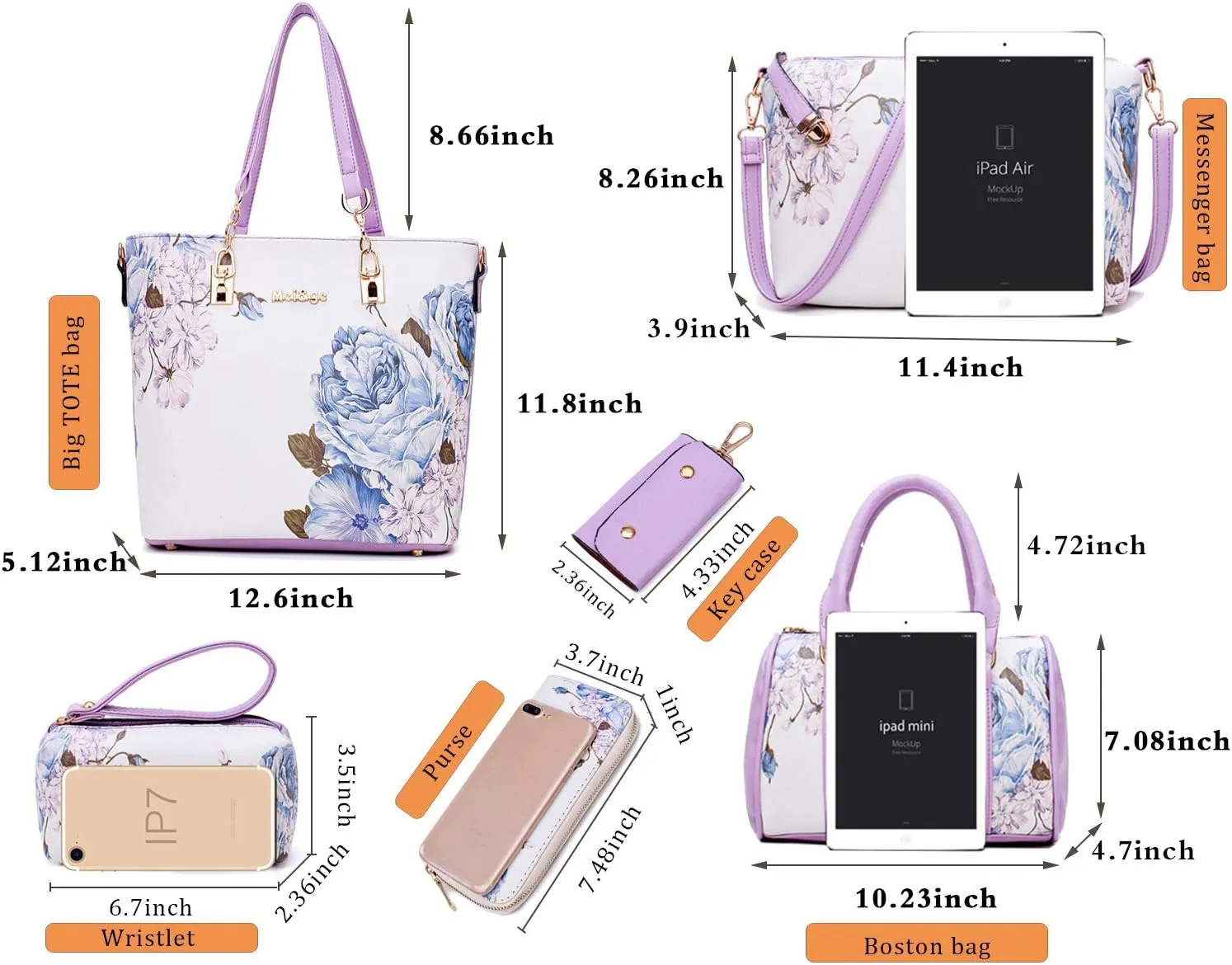 Women Handbag Set 6 Pcs PU Leather Tote Purse Elegant Shoulder Bags and Clutch