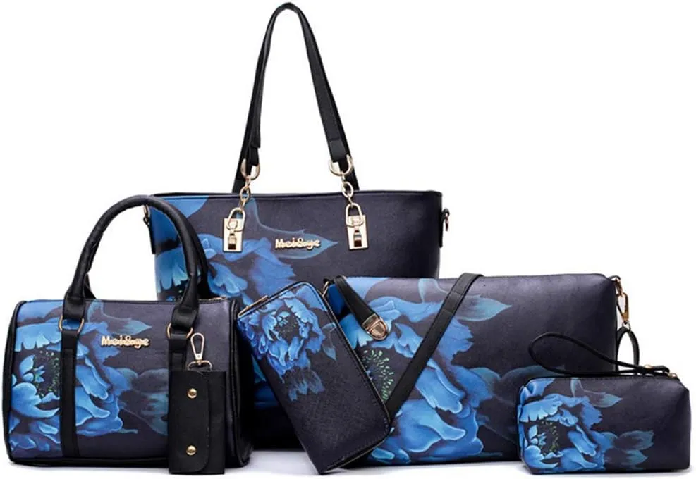 Women Handbag Set 6 Pcs PU Leather Tote Purse Elegant Shoulder Bags and Clutch