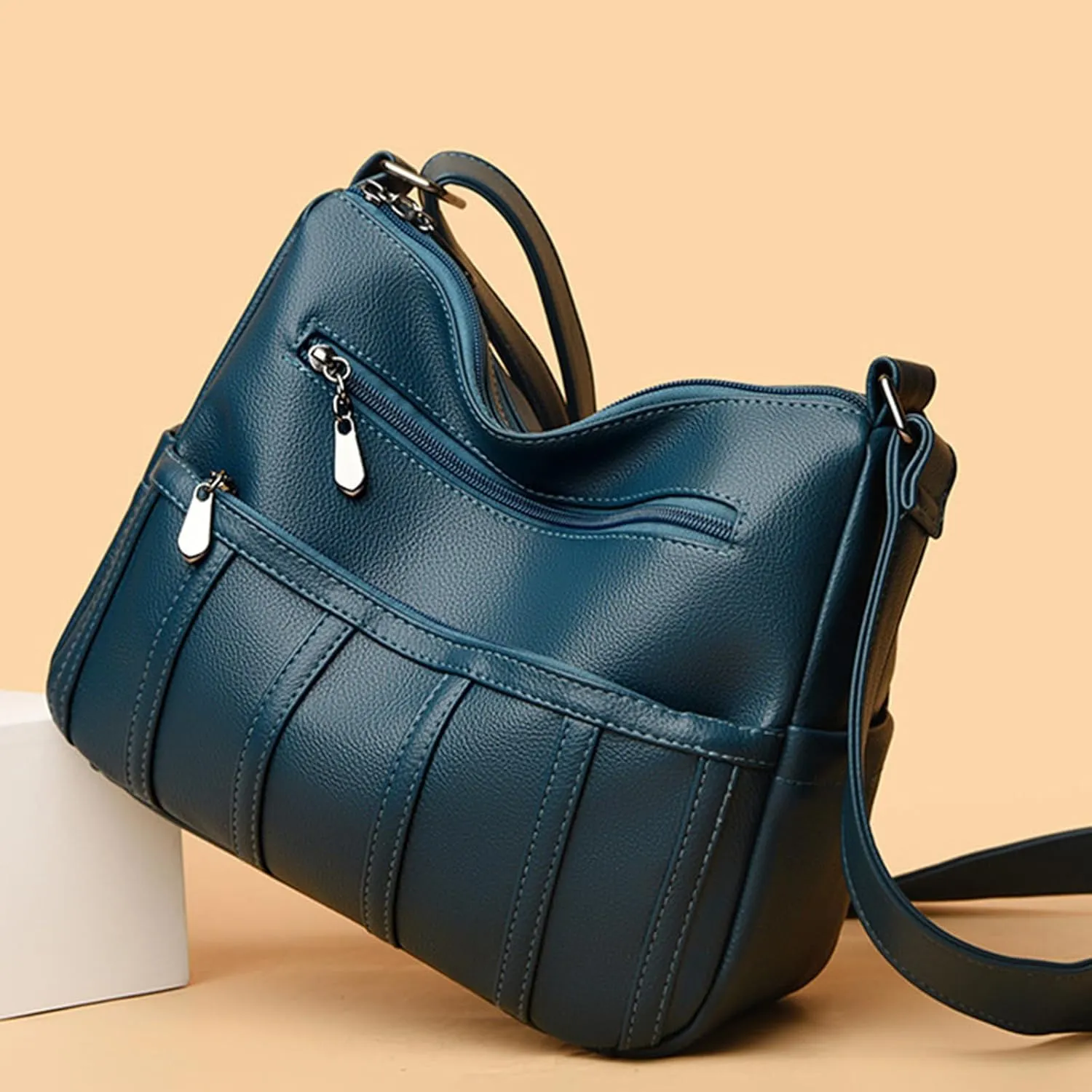 Women Leather Crossbody Bag Solid Color Large Capacity Shoulder Purse Trendy Tote Bag for Mom Seniors