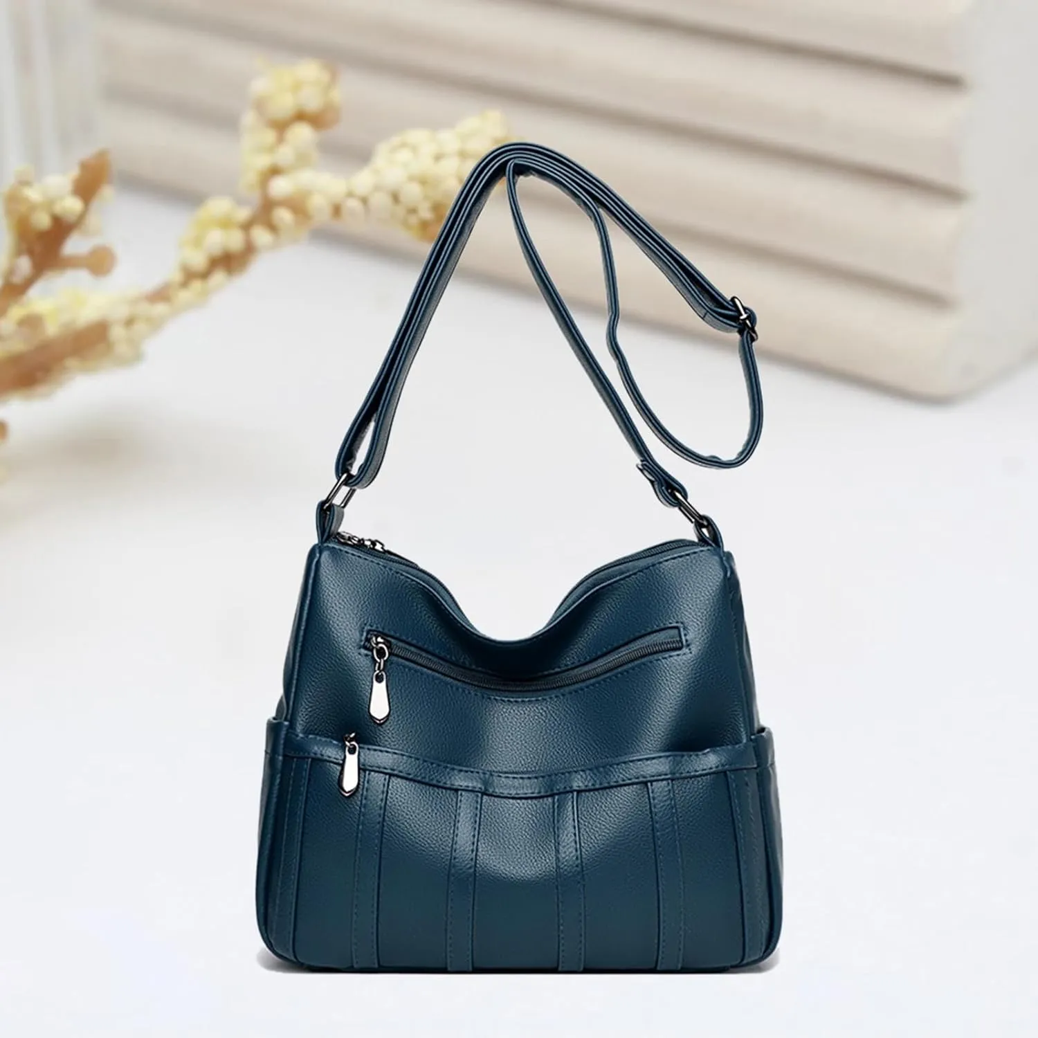 Women Leather Crossbody Bag Solid Color Large Capacity Shoulder Purse Trendy Tote Bag for Mom Seniors