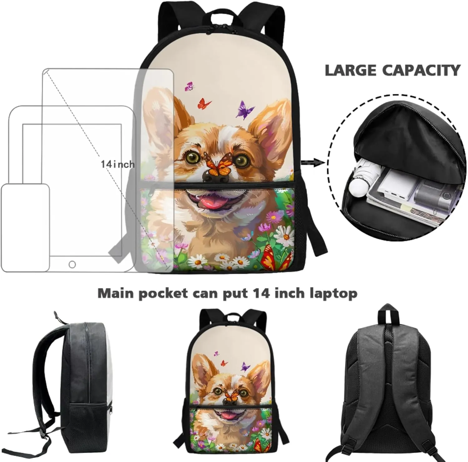 Xhuibop Butterfly Backpack with Lunch Box Set 3 Packs Elementary School Bookbag for Girls 10-12 Daisy Corgi Kids School Bags and Lunch Bag 17 Inch Book Bag Pencil Case Bag