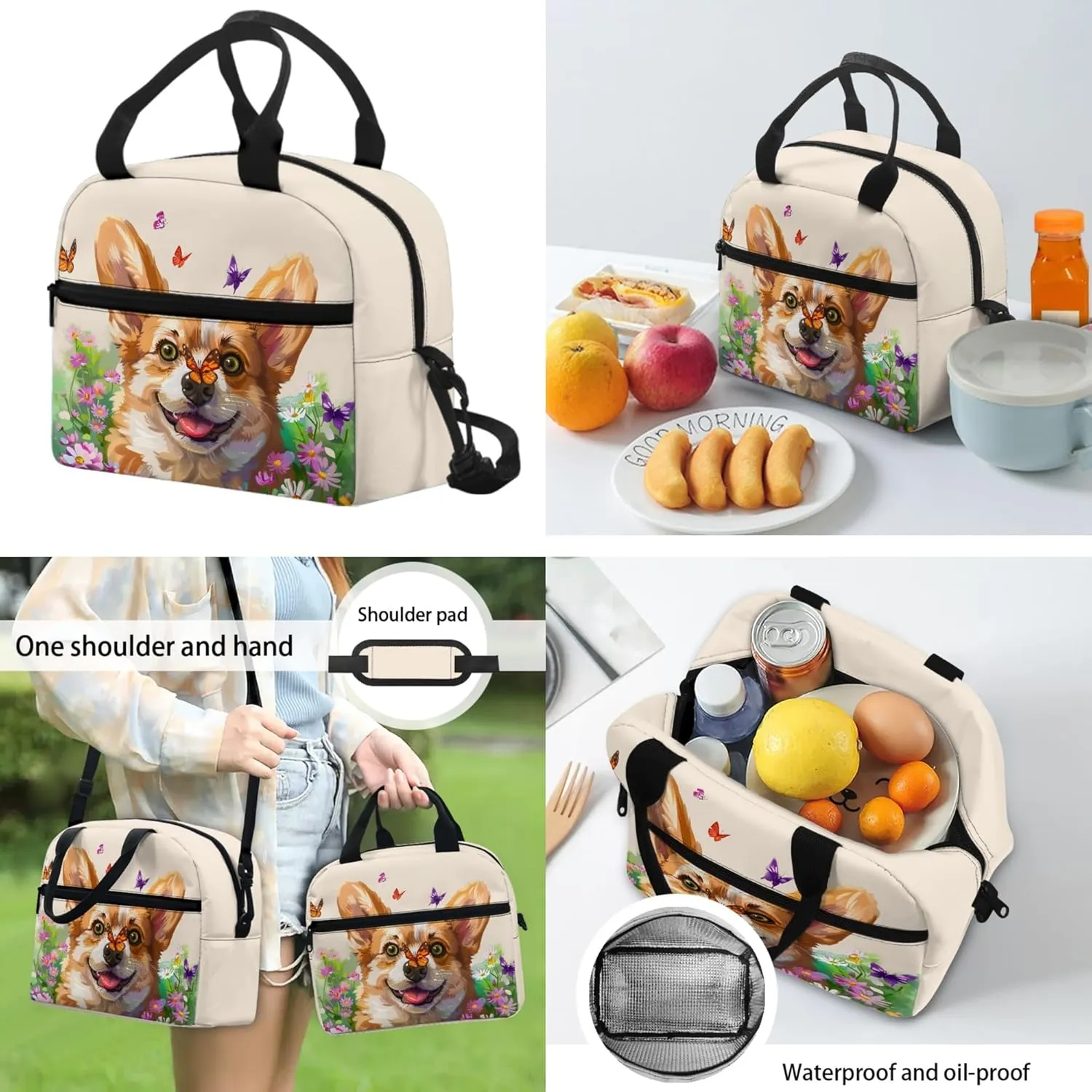 Xhuibop Butterfly Backpack with Lunch Box Set 3 Packs Elementary School Bookbag for Girls 10-12 Daisy Corgi Kids School Bags and Lunch Bag 17 Inch Book Bag Pencil Case Bag