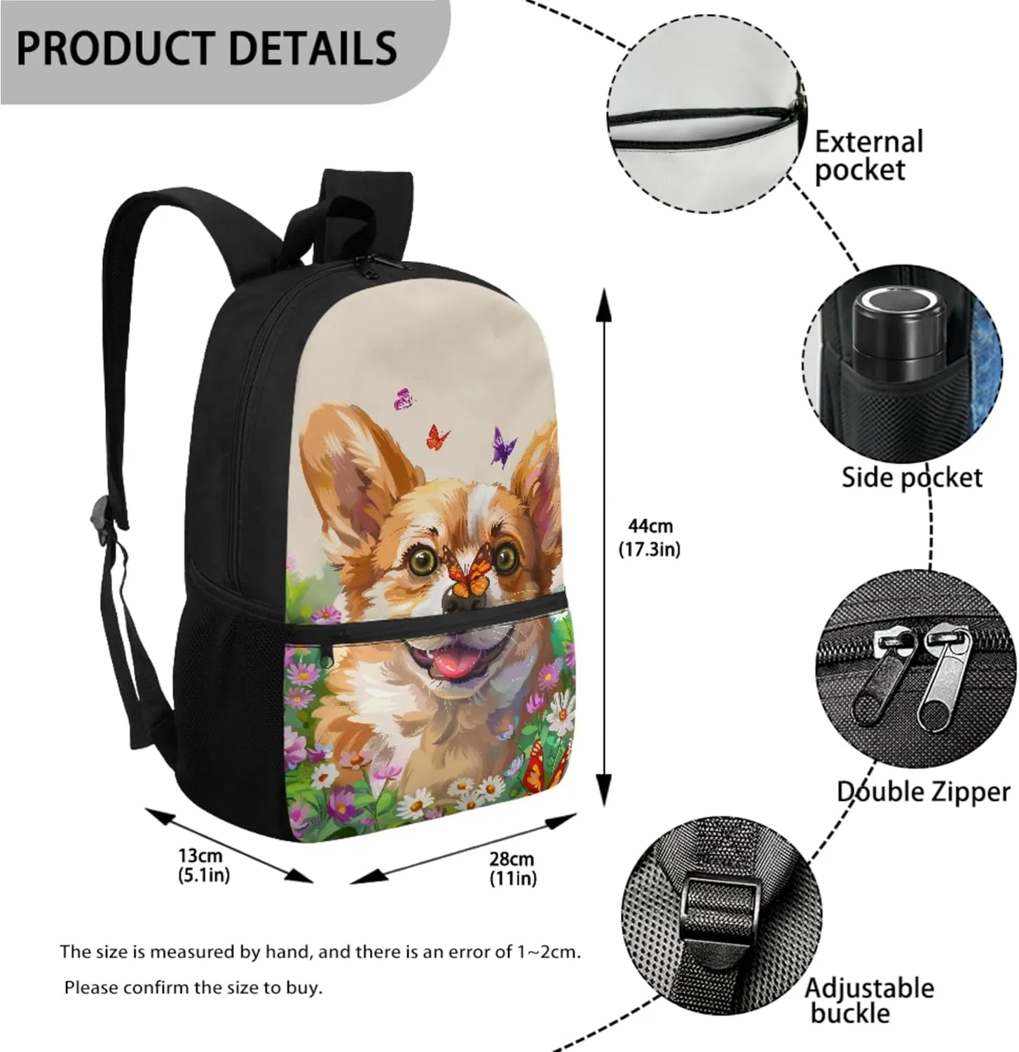 Xhuibop Butterfly Backpack with Lunch Box Set 3 Packs Elementary School Bookbag for Girls 10-12 Daisy Corgi Kids School Bags and Lunch Bag 17 Inch Book Bag Pencil Case Bag
