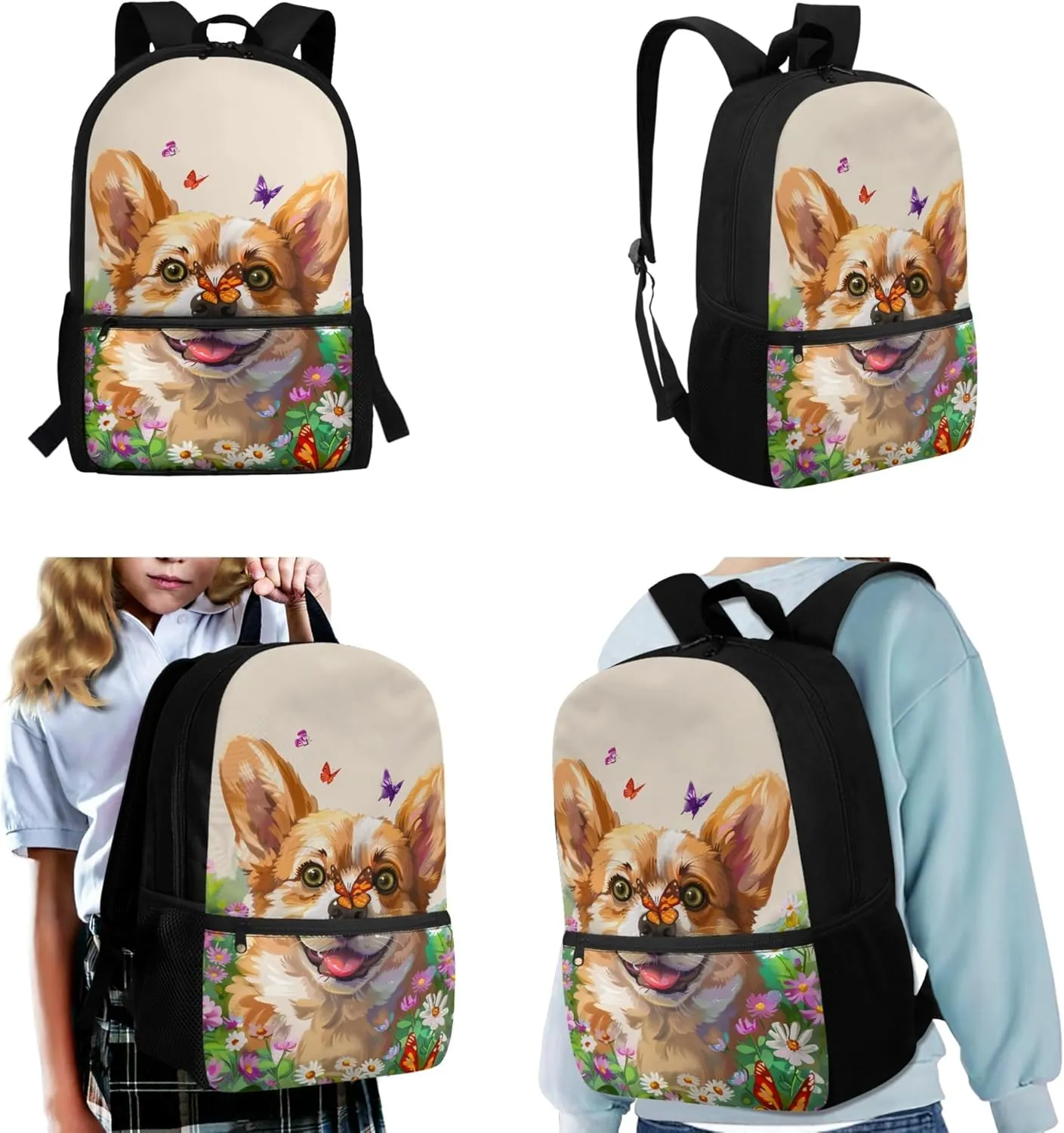 Xhuibop Butterfly Backpack with Lunch Box Set 3 Packs Elementary School Bookbag for Girls 10-12 Daisy Corgi Kids School Bags and Lunch Bag 17 Inch Book Bag Pencil Case Bag