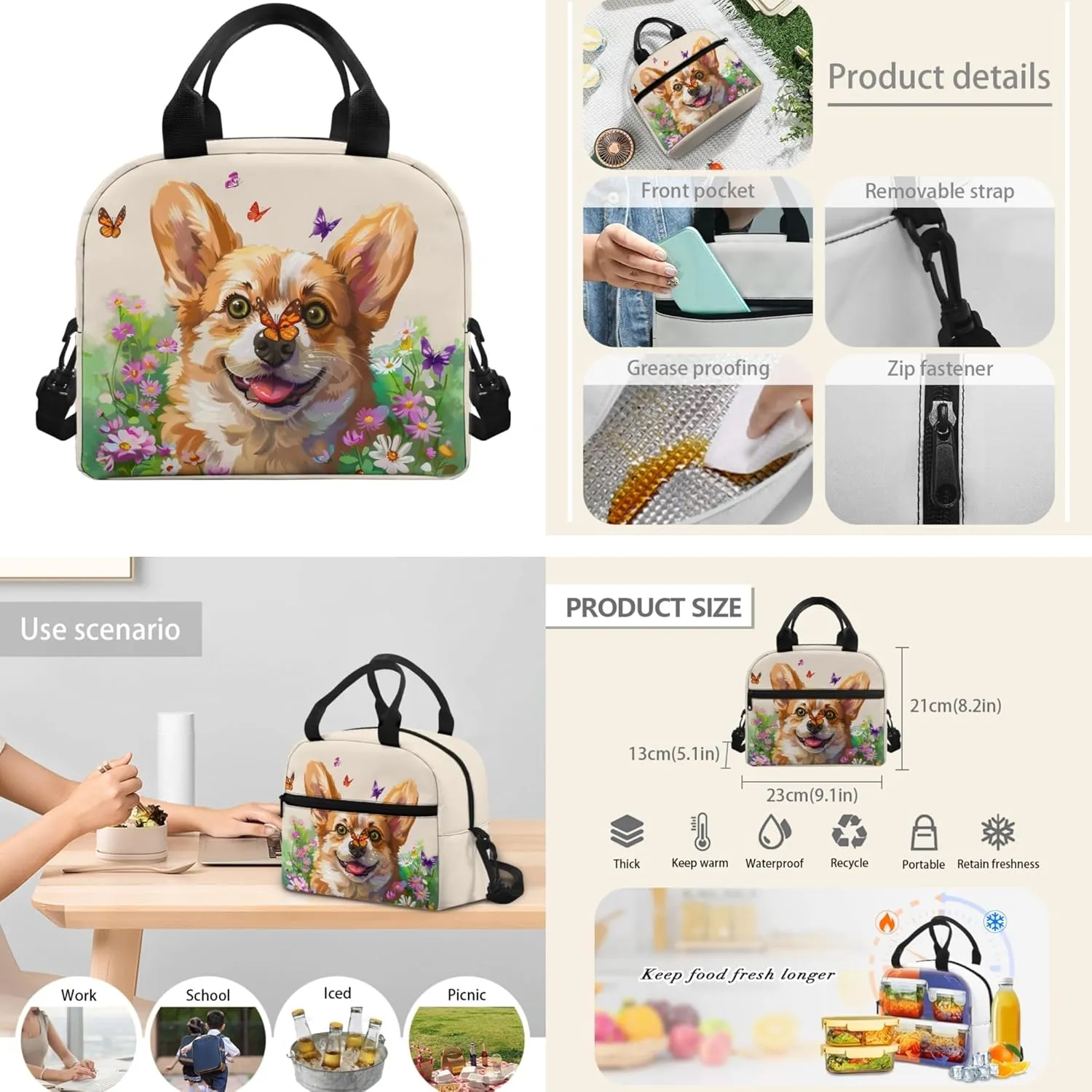 Xhuibop Butterfly Backpack with Lunch Box Set 3 Packs Elementary School Bookbag for Girls 10-12 Daisy Corgi Kids School Bags and Lunch Bag 17 Inch Book Bag Pencil Case Bag