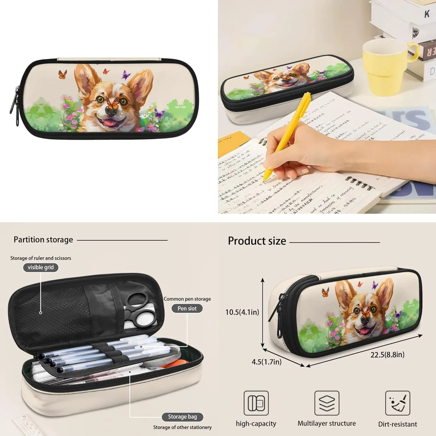 Xhuibop Butterfly Backpack with Lunch Box Set 3 Packs Elementary School Bookbag for Girls 10-12 Daisy Corgi Kids School Bags and Lunch Bag 17 Inch Book Bag Pencil Case Bag