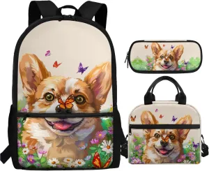 Xhuibop Butterfly Backpack with Lunch Box Set 3 Packs Elementary School Bookbag for Girls 10-12 Daisy Corgi Kids School Bags and Lunch Bag 17 Inch Book Bag Pencil Case Bag