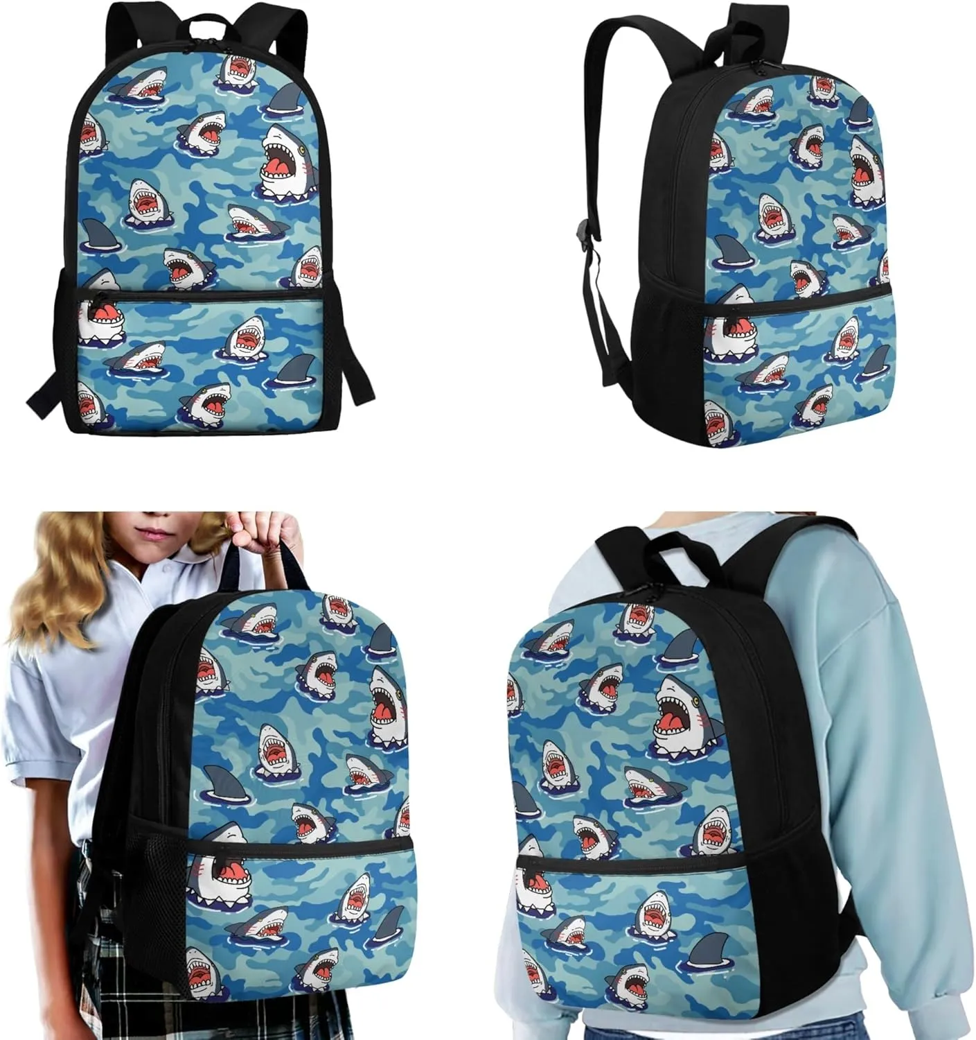 Xhuibop Cartoon Sharks Backpack and Lunch Bag Set for Girls Kids Book Bag for Boys 9-12 Elementary School Bags with Lunch Box 3 IN 1 Children Bookbag Zipper Pencil Case