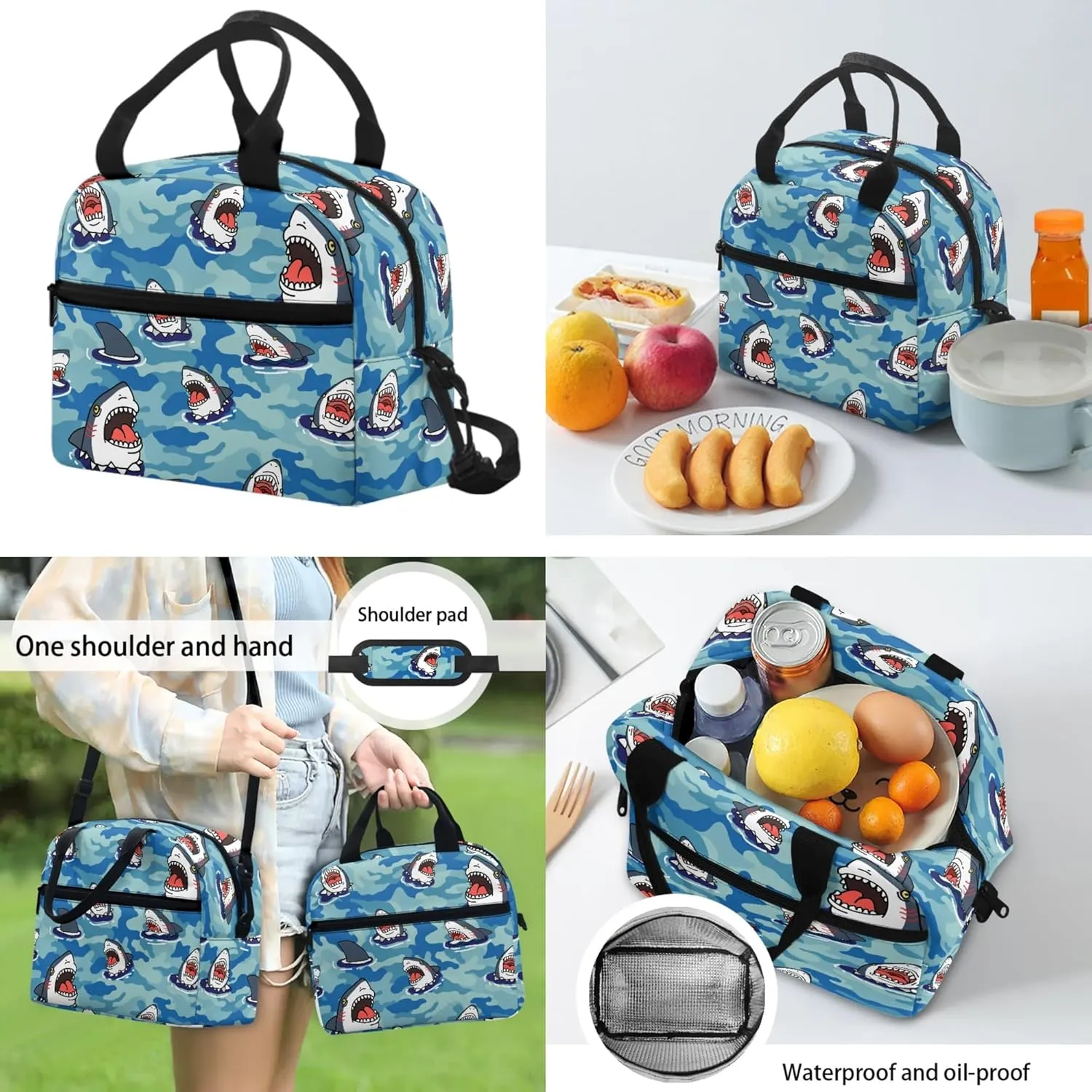 Xhuibop Cartoon Sharks Backpack and Lunch Bag Set for Girls Kids Book Bag for Boys 9-12 Elementary School Bags with Lunch Box 3 IN 1 Children Bookbag Zipper Pencil Case