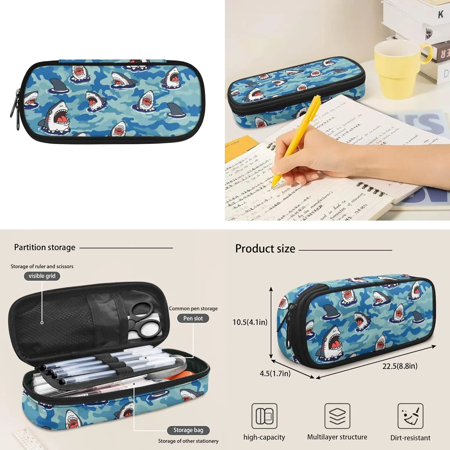 Xhuibop Cartoon Sharks Backpack and Lunch Bag Set for Girls Kids Book Bag for Boys 9-12 Elementary School Bags with Lunch Box 3 IN 1 Children Bookbag Zipper Pencil Case