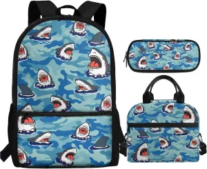 Xhuibop Cartoon Sharks Backpack and Lunch Bag Set for Girls Kids Book Bag for Boys 9-12 Elementary School Bags with Lunch Box 3 IN 1 Children Bookbag Zipper Pencil Case